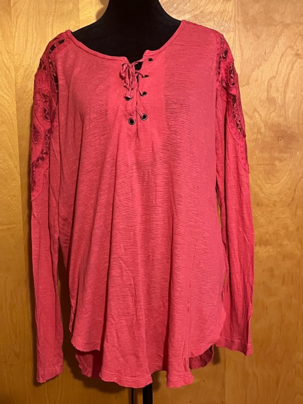 Free People Medium Lobster Red Jennie Lace-Up Long Sleeve Top with Cutouts